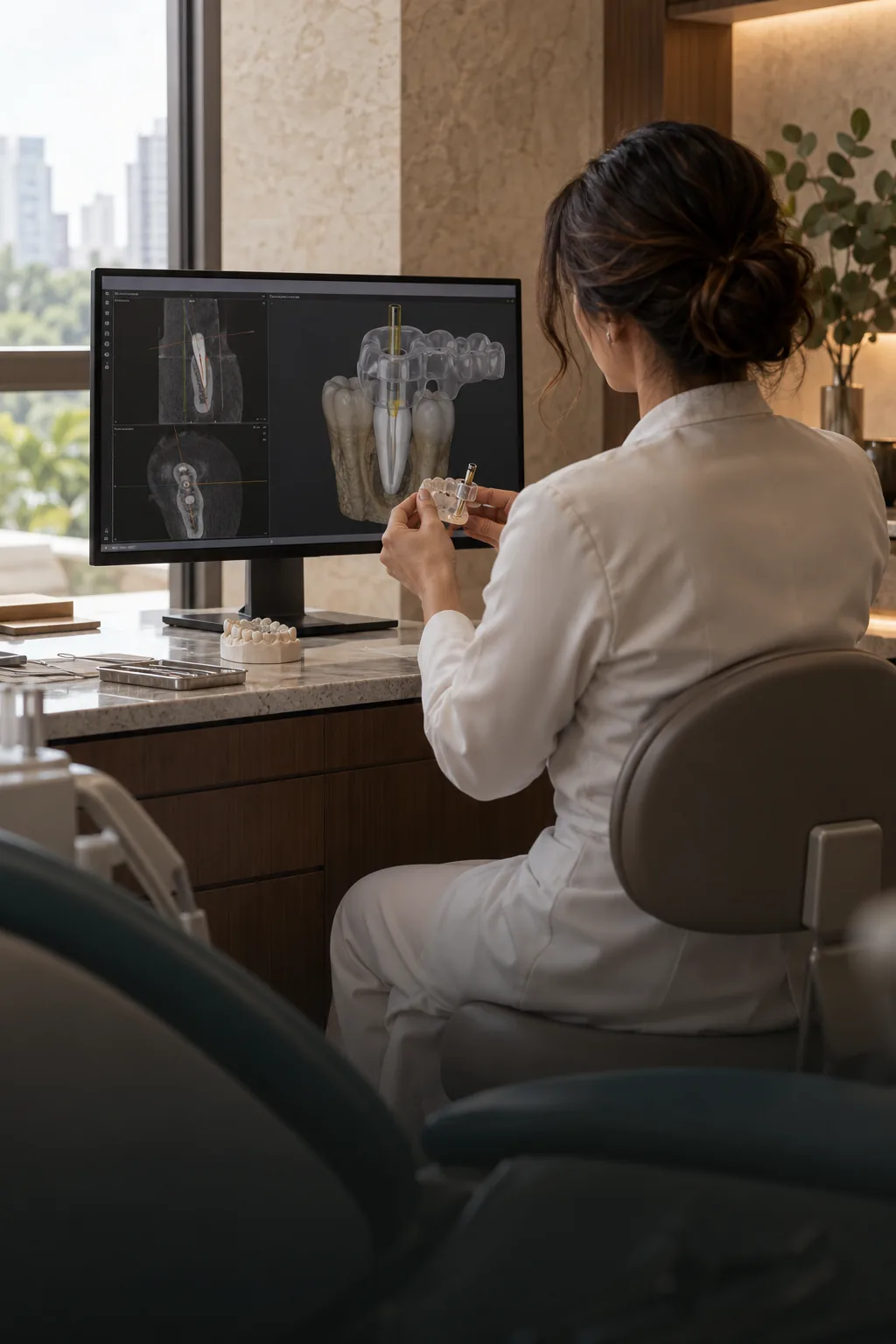 Cena ilustrativa de profissional analisando planejamento digital de endodontia em consultório.